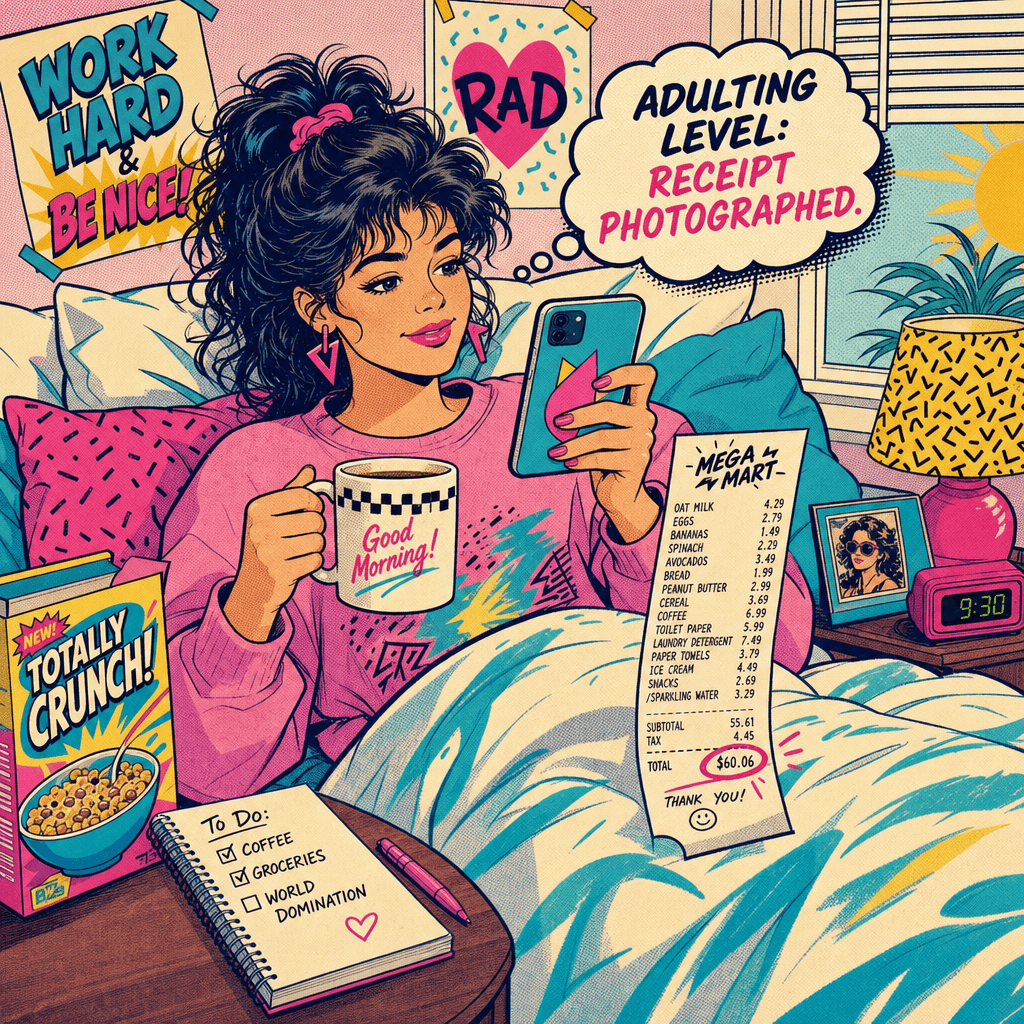 Someone photographing a receipt while lounging in bed with coffee