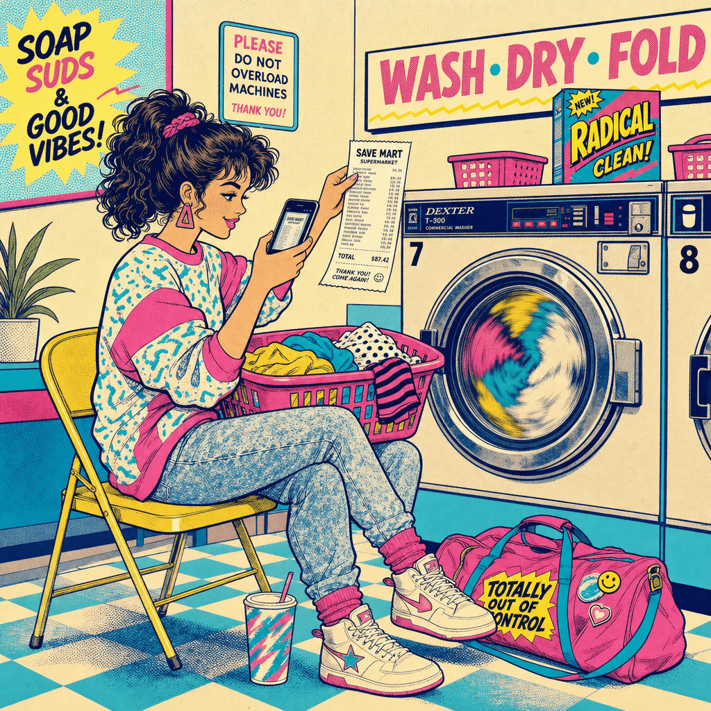 Someone photographing a receipt while doing laundry