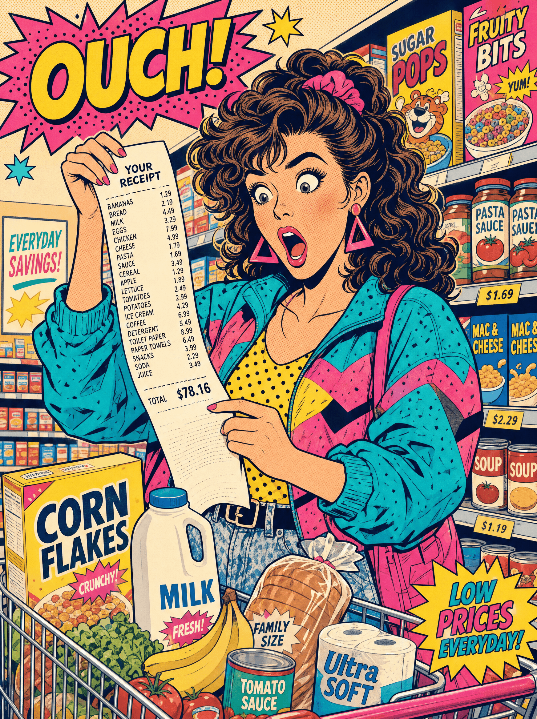 A shopper wide-eyed and shocked while reading a long grocery receipt