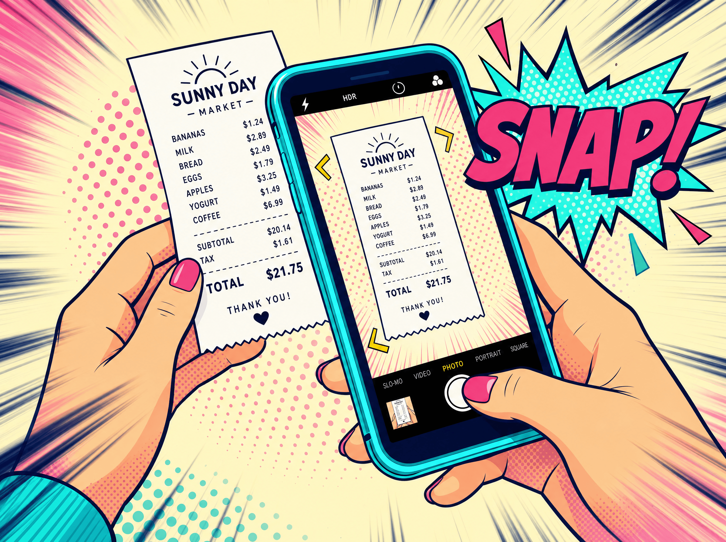 Hands quickly photographing a grocery receipt with a phone