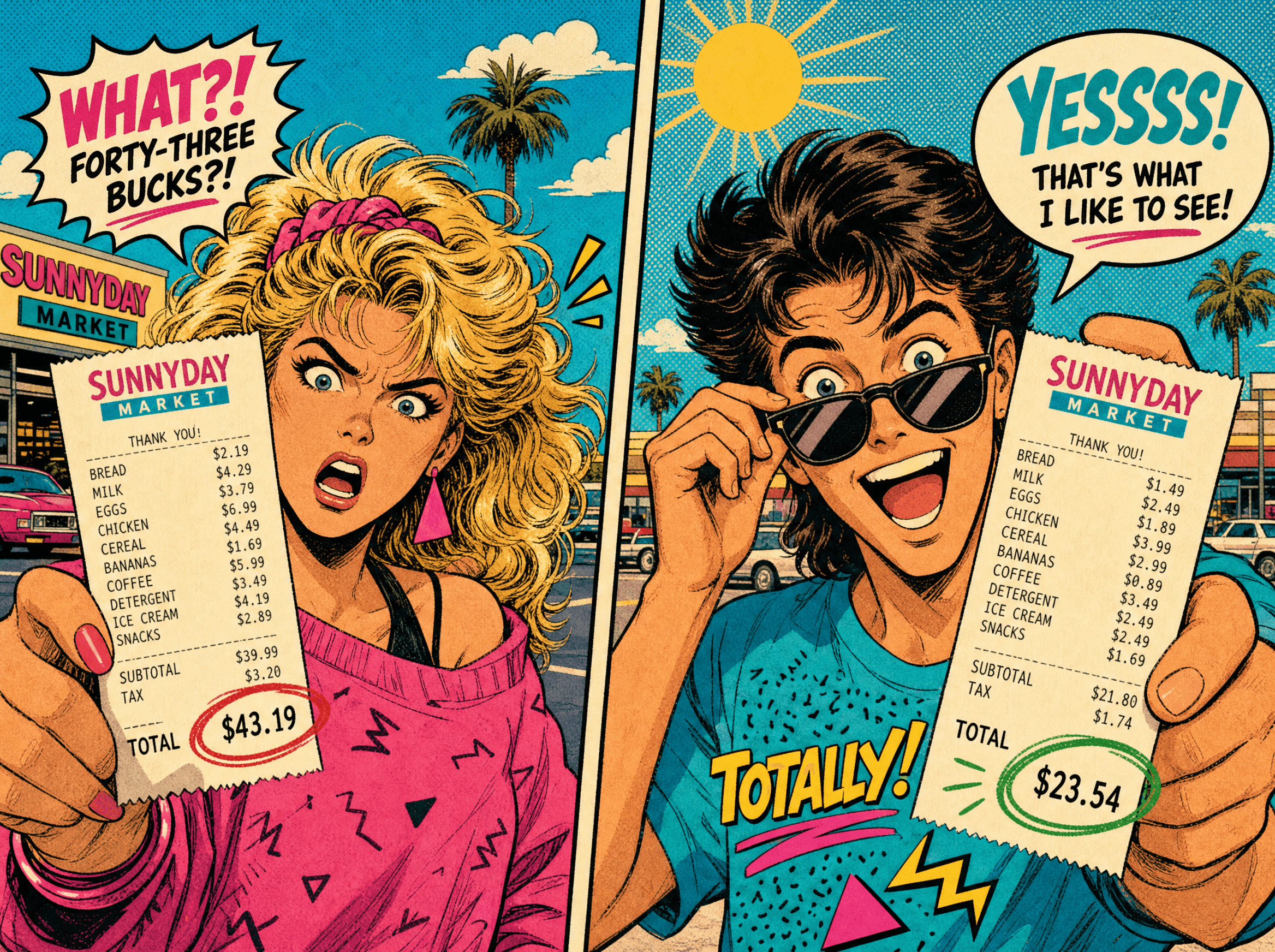 Two friends holding up different grocery receipts on the same day, one shocked and one thrilled